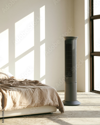 Tower fan bedroom bed window light sunlight interior minimal room neutral color palette copy space