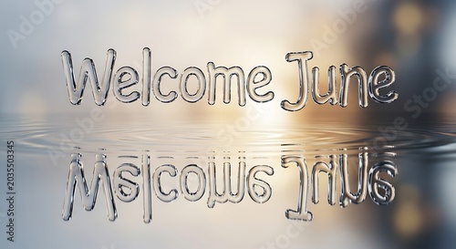 Welcome June message with serene beach and sunrise backdrop.