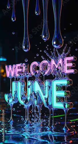 Welcome neon sign with glowing blue and purple lights in dark urban alley.