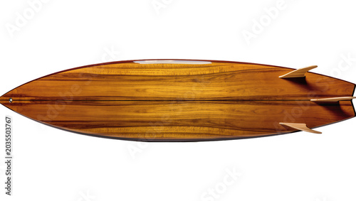 Photography Wooden surfboard with three fins, detailed wood grain
