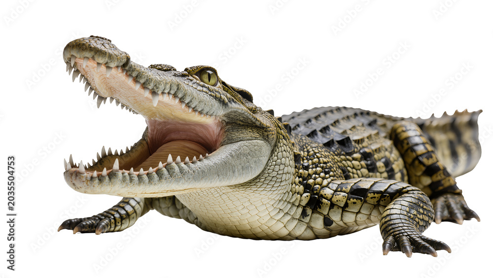 Fototapeta premium Crocodile with open mouth and sharp teeth, reptile showing aggression