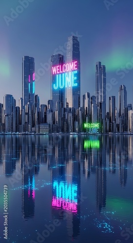 Futuristic cityscape with glowing neon skyscrapers at night.