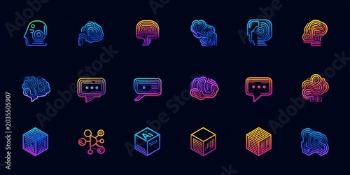 Collection of Colorful Abstract Line Icons on Dark Background