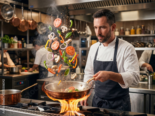 Professional Chef Tossing Fresh Vegetables in Flaming Pan in Commercial Kitchen