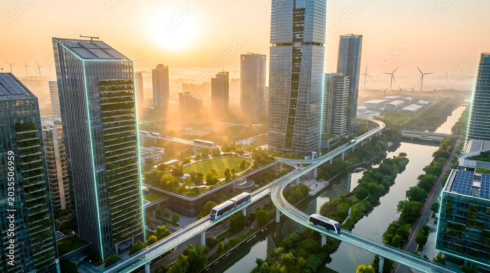 Fototapeta premium Futuristic city skyline with elevated trains and renewable energy sources at sunrise
