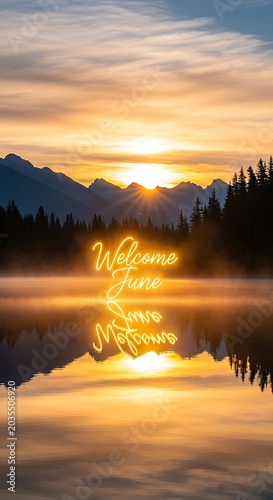 Golden sunrise over misty mountain landscape with pine trees.