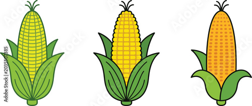 Bild auf Leinwand Corn cob cartoon vector illustration set featuring fresh sweet corn with green h