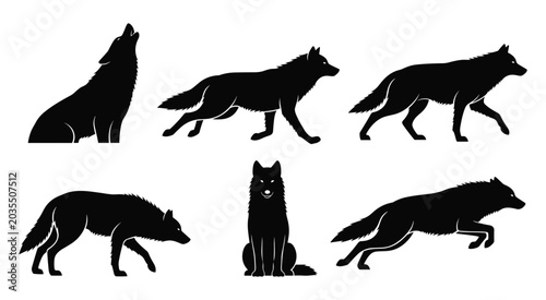 Schilderij op canvas Wolf Silhouette Set — Howling Running Sitting and Prowling Wild Canine Black Vec