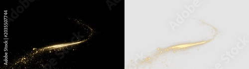 Gold sparkles and glowing trail isolated on transparent and black background, showing movement and brightness for creative projects or designs, light overlay, PNG
