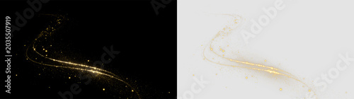 Swirling golden dust trails with glowing particles against isolated on transparent and black background, depicting motion and energy, light overlay, PNG