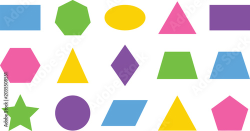 Fotografie Vector set of simple colorful geometric shapes for children education, including circle, square, triangle, star, and polygon elements isolated on white background