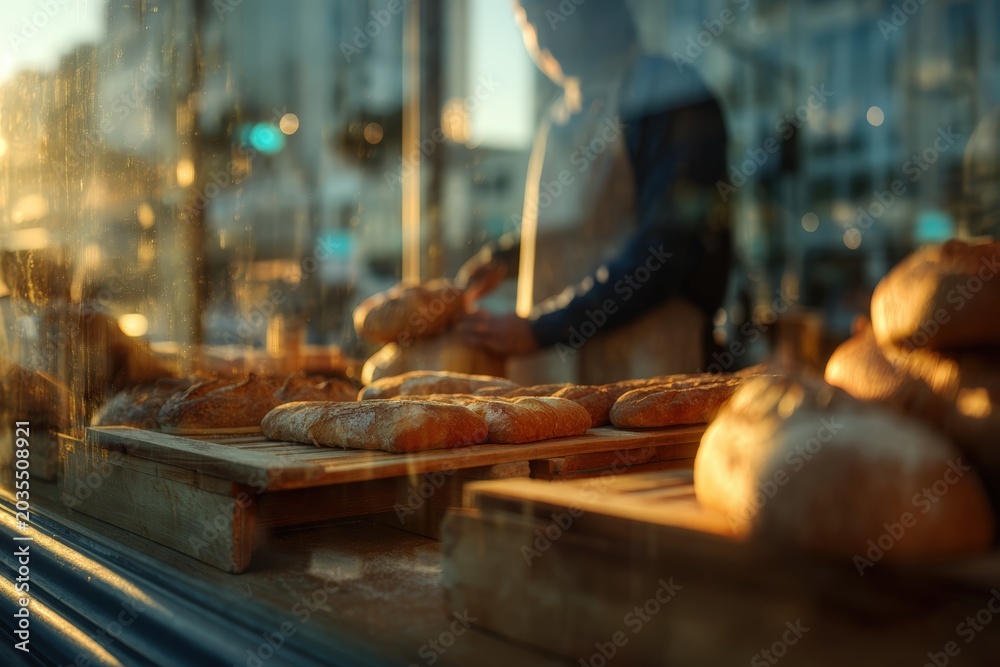 Fototapeta premium Early morning bakery storefront window with bread loaves visible inside and adult silhouette arrangi