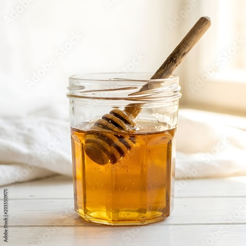 Golden, pure natural honey in a clear glass jar with a wooden dipper, ready for a sweet and healthy addition
