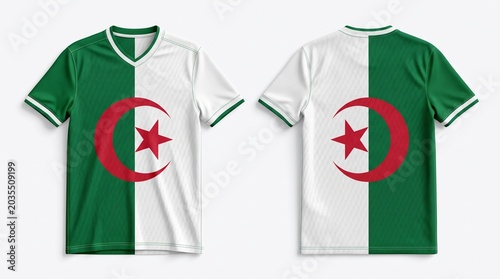 Front and back view of a soccer jersey with the algerian flag design