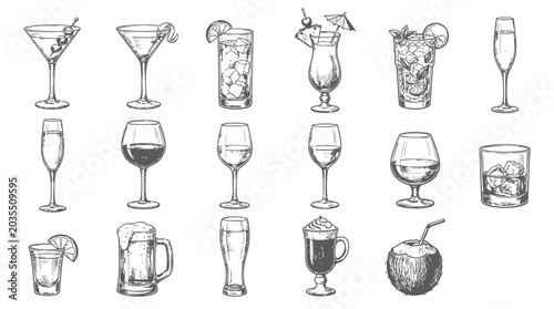 Collection of hand-drawn beverage illustrations showcasing various cocktail and drink glasses