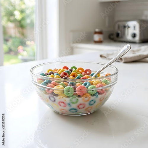 Bright and colorful breakfast cereal loops with fresh milk in a clear glass bowl, ready for a delicious start to the morning in a clean kitchen setting