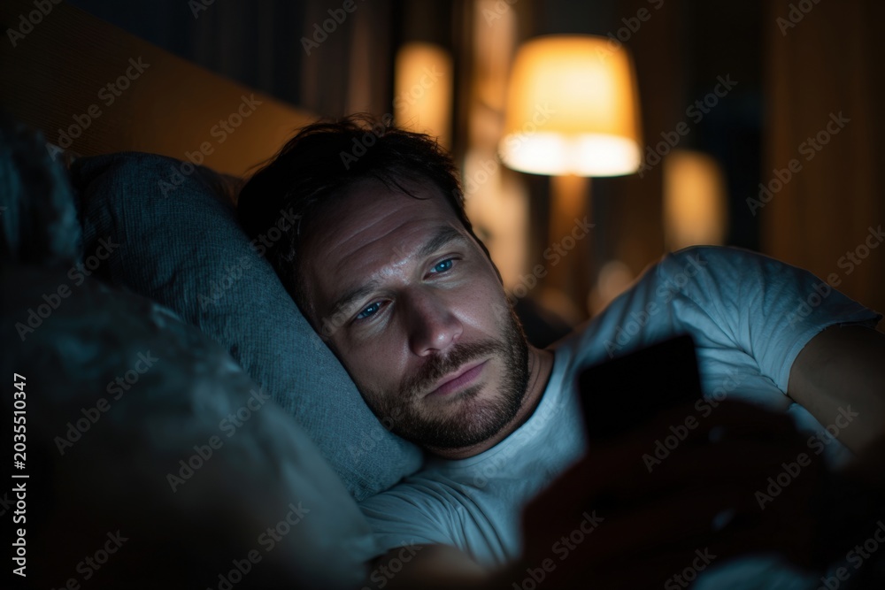 Fototapeta premium Nighttime smartphone usage scene adult man light skin tone short dark hair