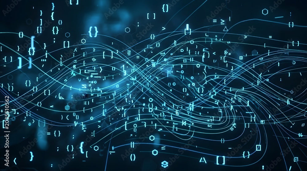 Obraz premium Complex digital data stream with glowing code symbols and neon lines in dark blue space.