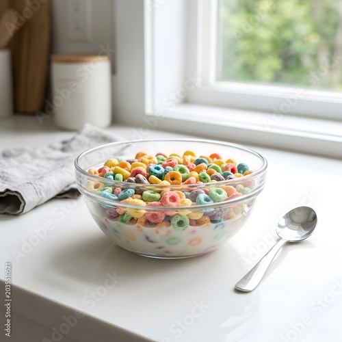 Colorful breakfast cereal loops in a glass bowl with milk and a spoon