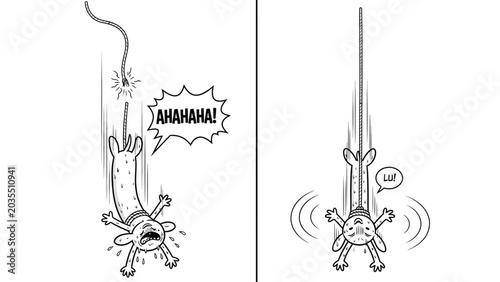 Obraz na plátně A two-panel cartoon depicts a distressed animal, first being lowered by rope towards lit dynamite, then quickly pulled upward to safety