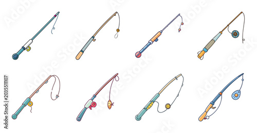 Colorful fishing lures and hooks illustration - Bright and varied fishing lures and hooks arranged in a clean, organized illustration style for stock use.