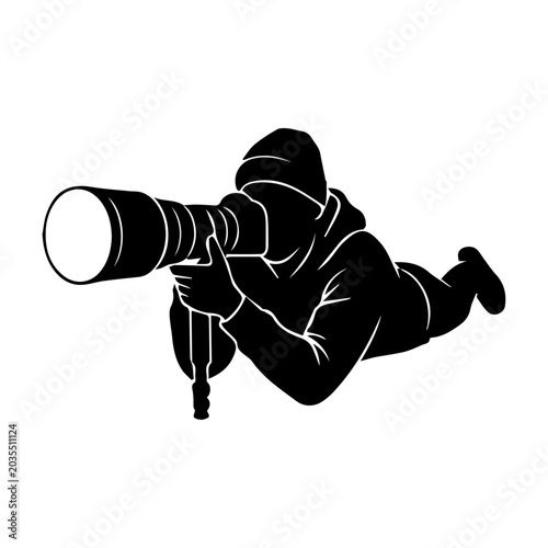 Tableau sur toile Wildlife Photographer Silhouette SVG - Lying Prone Cameraman with Large Telephot