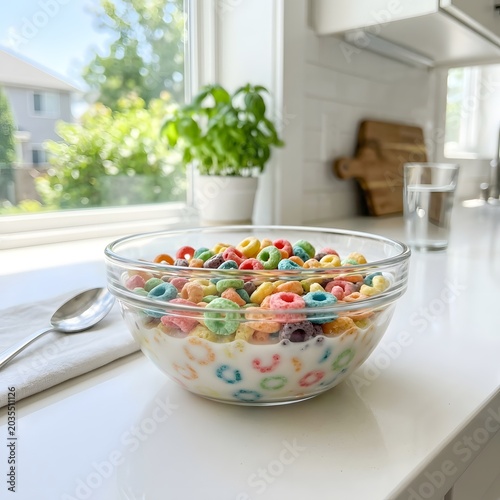 Delicious colorful breakfast cereal loops in milk in a glass bowl