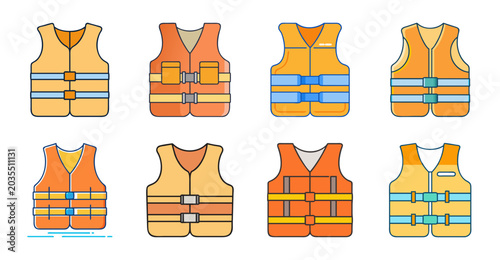 Colorful life jackets set illustration - Brightly colored life jackets arranged in a clean, organized set for safety and design inspiration.
