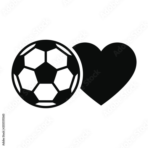Soccer ball and heart icon, vector illustration of love for football sport, simple black symbol