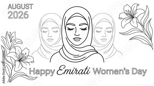 Fotografie Happy emirati womens day greeting banner with floral line art design