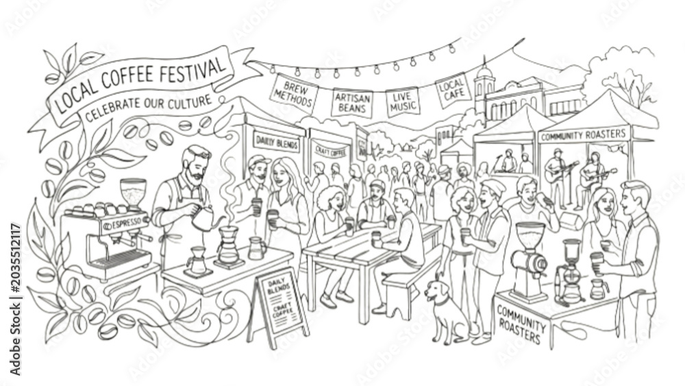 Fototapeta premium Coffee Festival One Line Drawing – Artisan Café Brewing Beans Local Culture Line Art