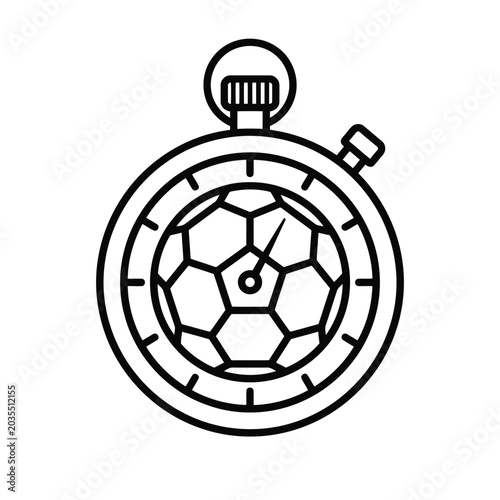 Stopwatch with soccer ball pattern inside, sports timer icon, football match time measurement, vector illustration