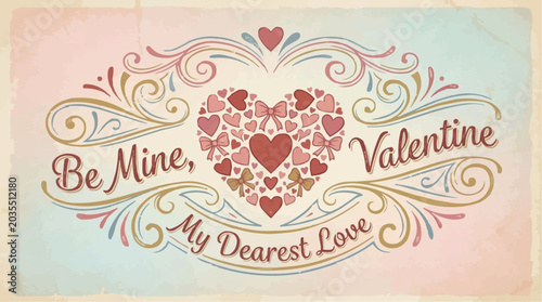 Vintage Valentine Card Be Mine My Dearest Love with Heart and Ornate Flourishes