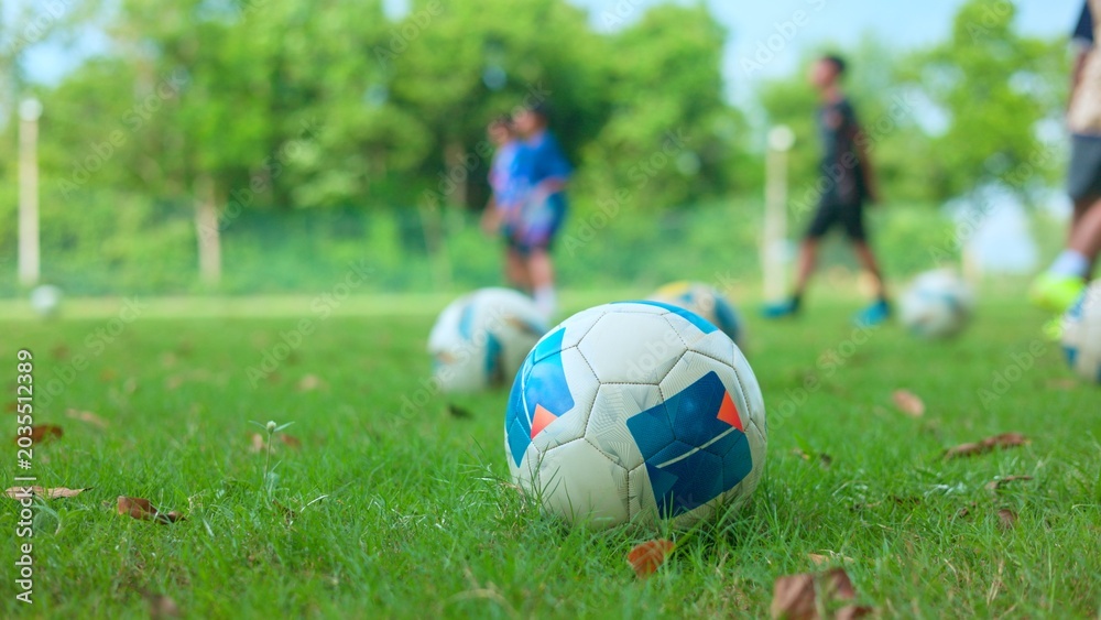 Fototapeta premium Soccer ball on green grass field with blurred children playing in background and copy space for text.