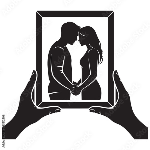 Hands holding photo frame of romantic couple silhouette vector
