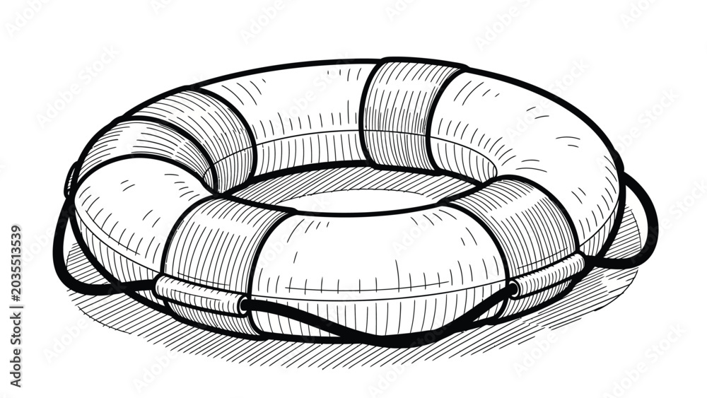 Αυτοκόλλητο Lifebuoy ring with safety ropes hand drawn sketch in black and white style showing nautical rescue equipment isolated on white background for marine design