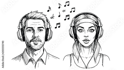 Bild auf Leinwand Man and woman wearing headphones listening to music with floating notes hand drawn sketch showing couple enjoying audio entertainment and podcast content