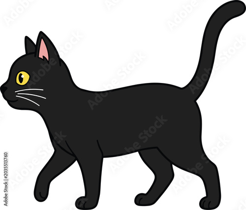 Εκτύπωση καμβά Black cat character walking with yellow eyes in cartoon outline style isolated o