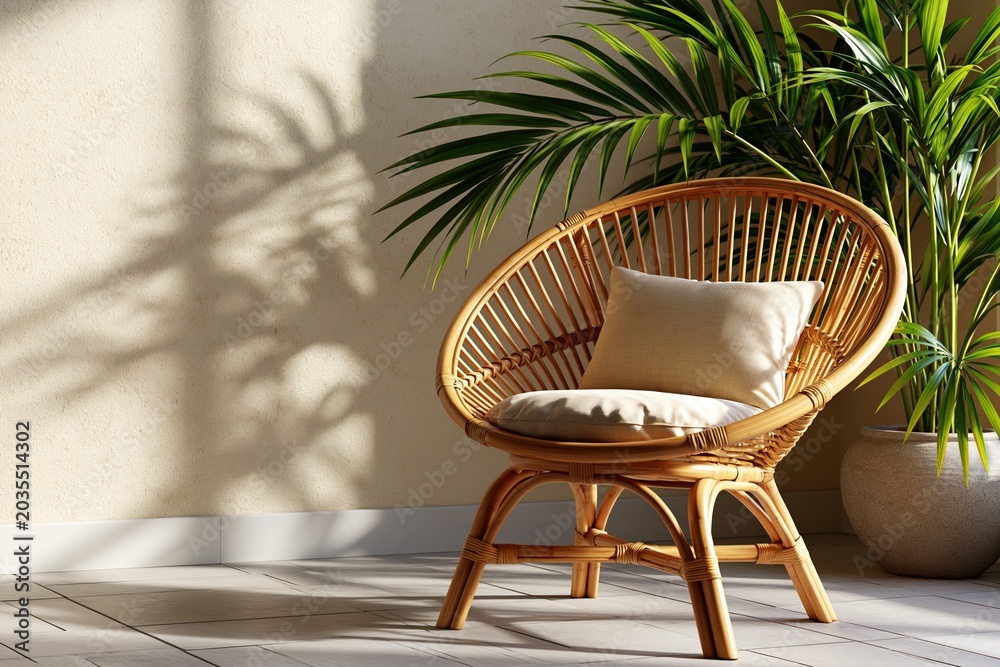 Fototapeta premium Rattan chair with cushion and tropical plant in summer boho interior