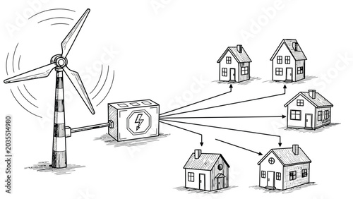 Картината върху платно Wind turbine generating electricity for multiple houses, renewable energy concept, sustainable power supply illustration