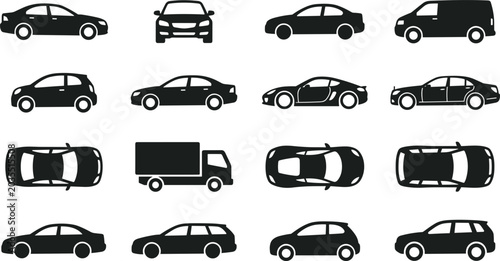 Quadro su tela Car silhouette vector icon set side view top view front view vehicle collection