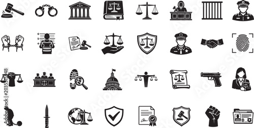 Schilderij op canvas Law and justice outline icon set with court, judge, legal symbols, and balance scale vector
