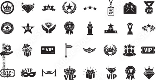 VIP editable line icon set with crown, diamond, laurel, exclusive service, and premium reward.