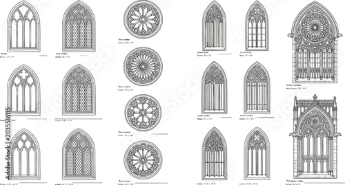 Fotografía Architectural sheet of Gothic window designs featuring rose windows, lancet arch