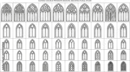 Tableau sur toile Architectural study of Gothic church window tracery designs with pointed arches,