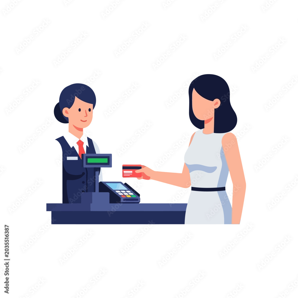 Obraz premium Woman paying with card at the checkout counter, shop illustration