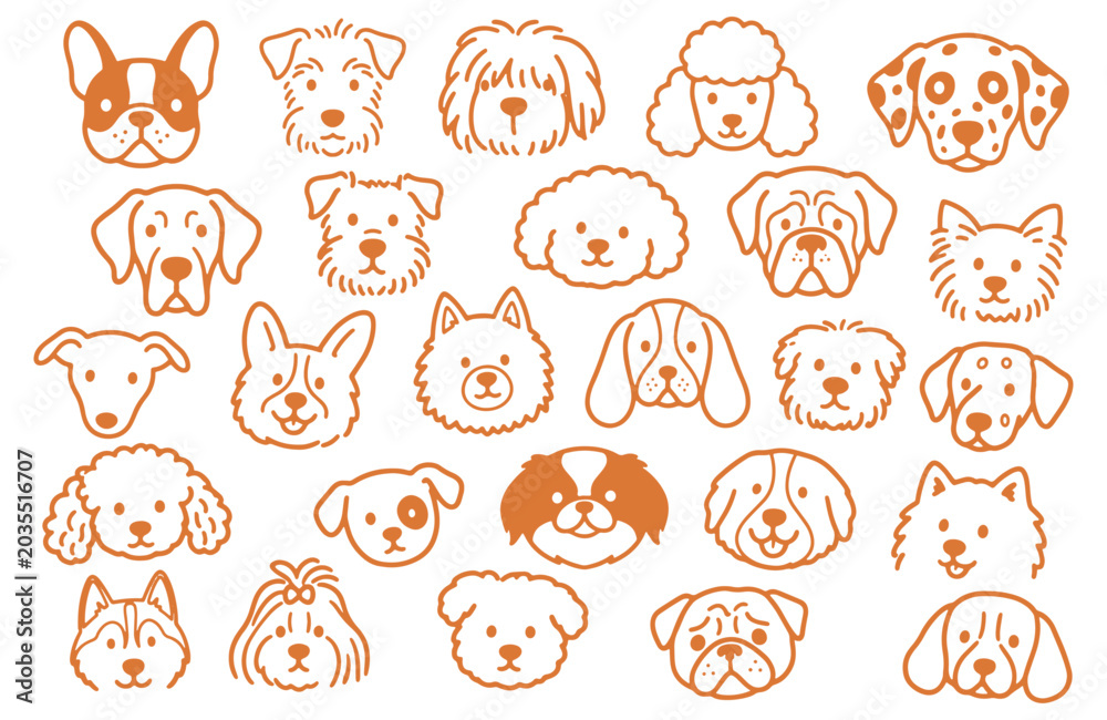 Obraz premium Dog face doodle art vector, Seamless pattern with cute line art faces of various dog breeds on white background