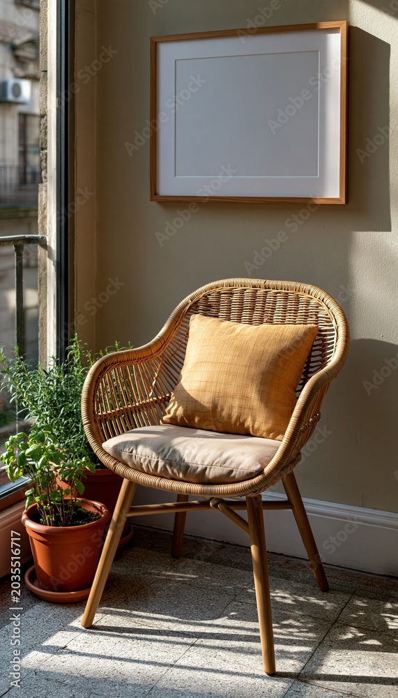 Fototapeta premium Sunlit balcony corner with wicker chair, potted herbs, and empty wall frame