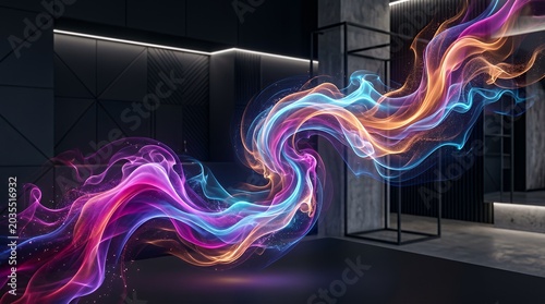 Vibrant Ethereal Multi-Color Smoke Swirl in Modern Dark Interior