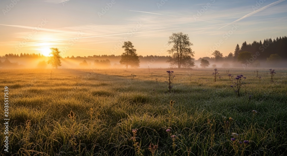 Fototapeta premium Serene sunrise over misty green landscape.